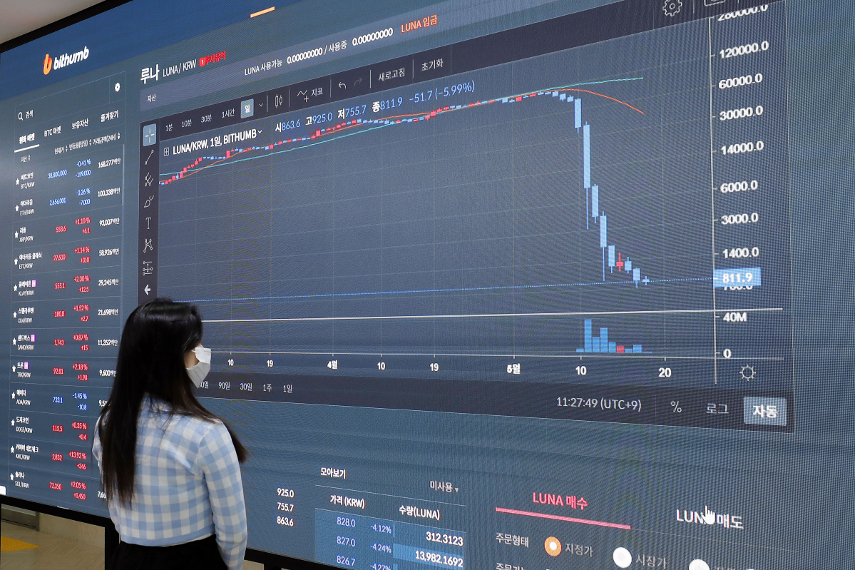 ▲서울 서초구 빗썸 고객센터 전광판에 루나 시세가 표시되고 있다. (뉴시스)