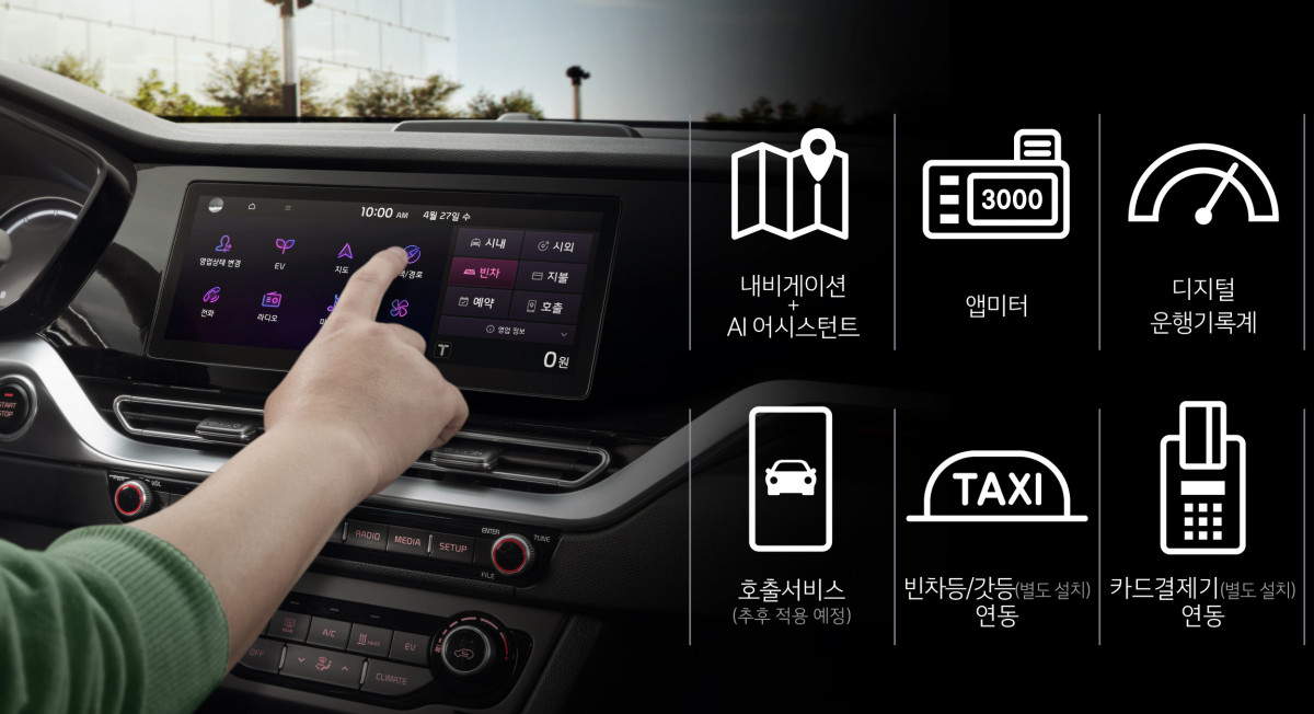 ▲택시 모델은 올인원 디스플레이에 내비게이션과 앱미터, 디지털운행기록계 등을 통합 적용했다. (사진제공=기아)