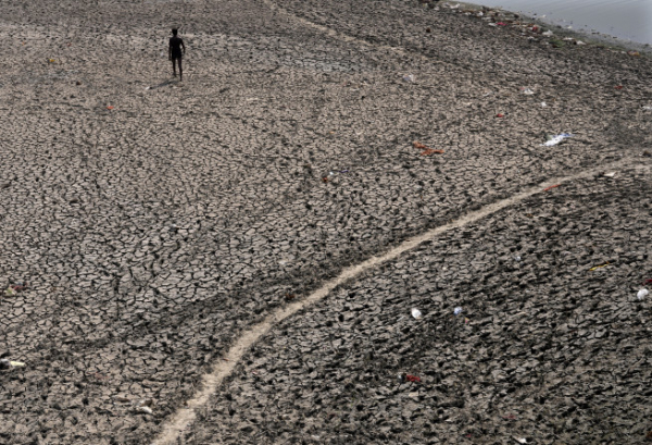 ▲2일(현지시간) 한 남성이 인도에 폭염이 덮치면서 말라버린 뉴델리 야무나(Yamuna) 강 위를 걷고 있다. 뉴델리/AP연합뉴스