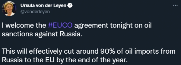 ▲우르줄라 폰데어라이엔 유럽연합(EU) 집행위원장이 30일(현지시간) 트위터를 통해 러시아 원유 수입 합의 소식을 알렸다. 출처 폰데어라이엔 트위터
