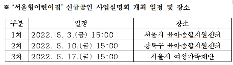 ▲서울형 어린이집 신규공인 사업설명회 일정.  (자료제공=서울시)