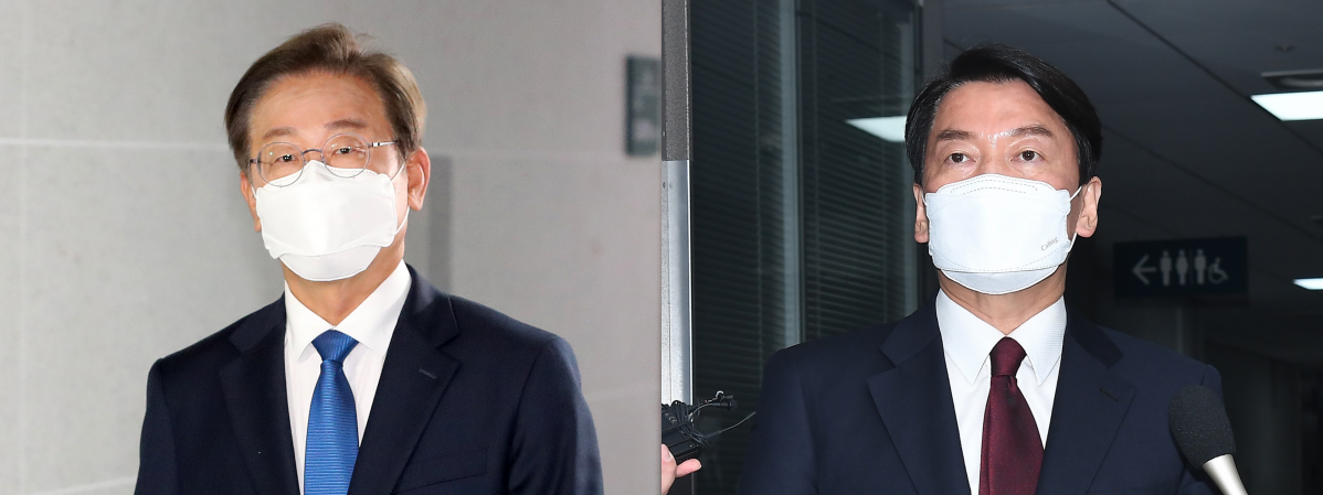 ▲(왼쪽부터) 이재명 더불어민주당ㆍ안철수 국민의힘 의원이 7일 국회 의원회관을 찾아 취재진 질문에 답변하고 있다. (국회사진기자단)