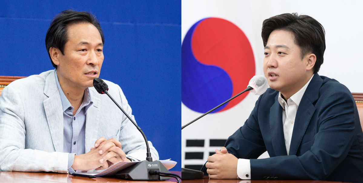 ▲우상호 더불어민주당 비상대책위원장과 이준석 국민의힘 당대표가 12일 나란히 국회에서 연 기자간담회에서 발언을 하고 있다. (국회사진취재단)