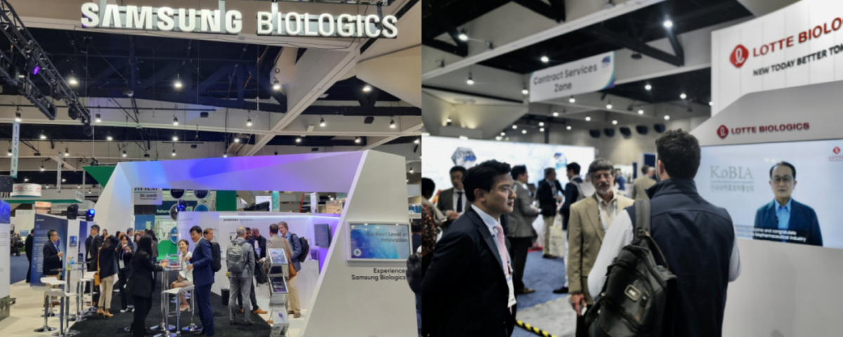 ▲존림 삼성바이오로직스 사장(왼쪽 사진)과 이원직 롯데바이오로직스 대표이사가 '바이오USA' 현장의 자사 부스에서 설명하고 있다.