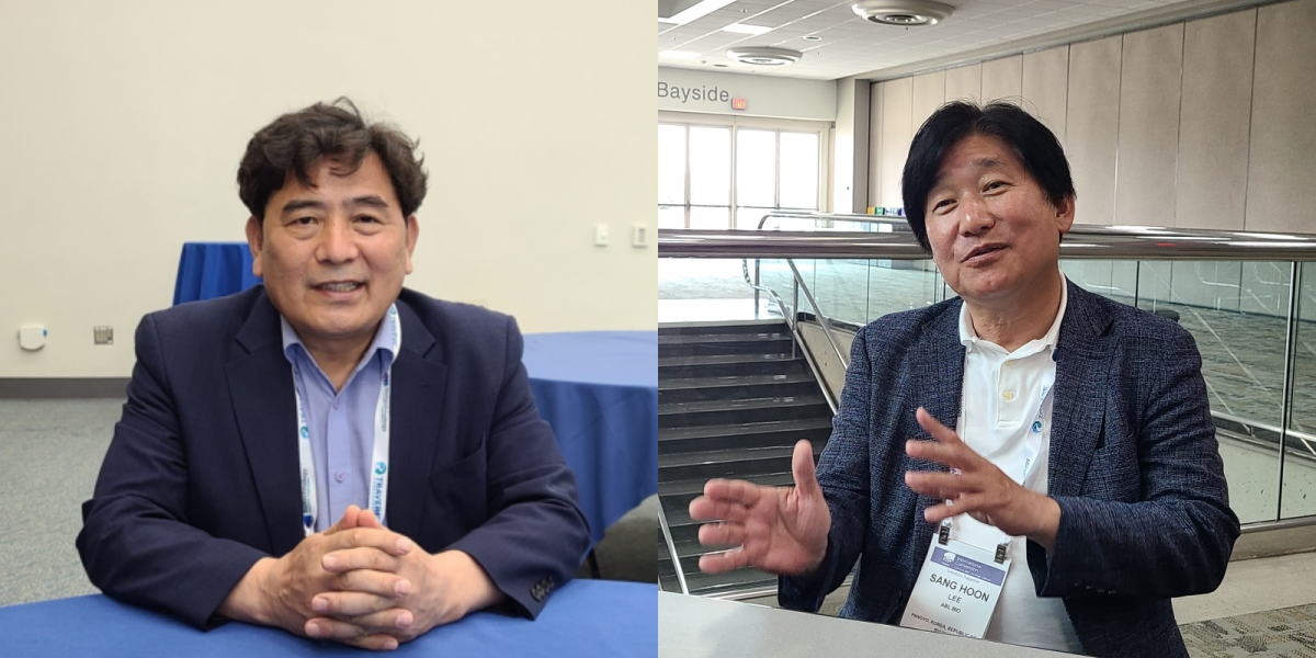 ▲미국 샌디에이고 컨벤션 센터에서 만난 백영옥 유바이오로직스 대표(왼쪽)와 이상훈 에이비엘바이오 대표.