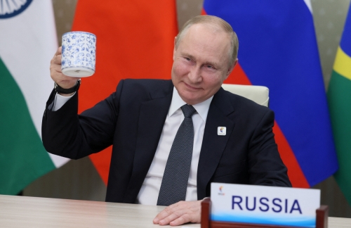 ▲블라디미르 푸틴 러시아 대통령이 지난달 23일(현지시간) 화상으로 진행된 브릭스 정상회의에 참석했다. 모스크바/로이터연합뉴스
