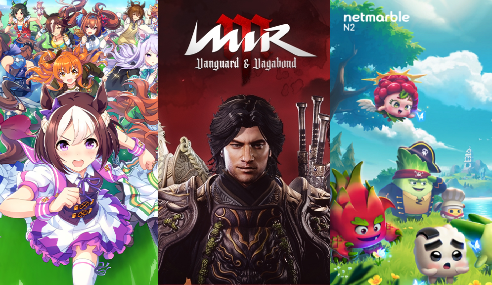 ▲6월 출시한 국내 게임사 신작 (왼쪽부터)우마무스메, 미르M, 머지 쿵야 아일랜드 (사진제공=각사)