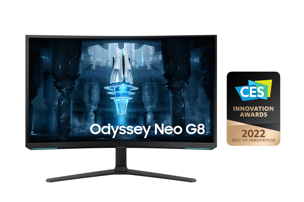 ▲오디세이 네오 G8 제품과 CES 2022 최고혁신상 로고 이미지 (사진제공=삼성전자)