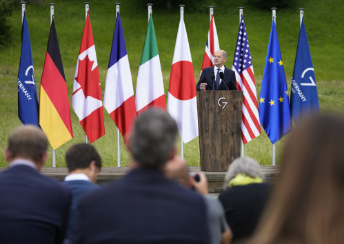 ▲주요 7개국(G7) 정상회의가  독일 크루엔의 엘마우성에서 열린 가운데 28일(현지시간) 올라프 숄츠 독일 총리가 발언하고 있다. (AP통신)