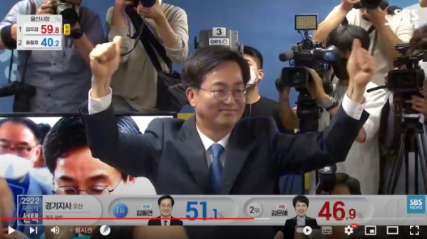 ▲더불어민주당 김동연 경기지사 후보가 2일 당선 소감을 밝히고 있다.  (SBS 유튜브 갈무리)