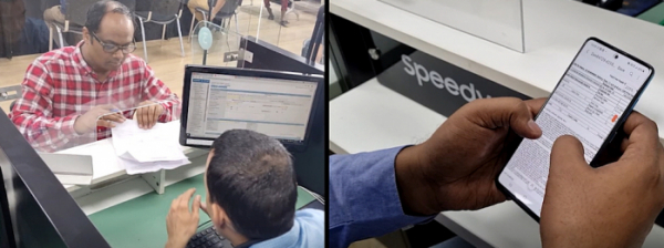 ▲삼성전자 인도 서비스센터에서 고객이 서비스 내역을 이전에 종이문서로 받던 대신(왼쪽 사진) 현재 스마트폰에서 전자문서로 편리하게 확인하고 있다.  (제공=삼성전자)