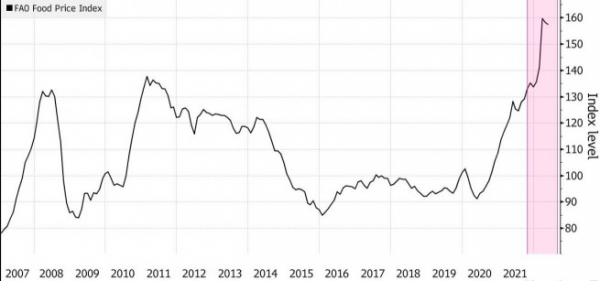 ▲FAO 세계식량가격지수 추이. 5월 157.4. 출처 블룸버그 