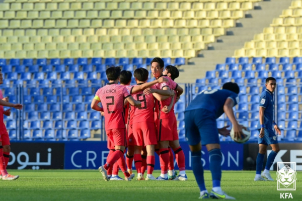 ▲결승골 넣고 좋아하는 23세 이하(U-23) 축구대표팀(대한축구협회 제공)