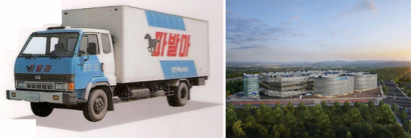 ▲한진택배 사업초기 택배차량(좌측)과 대전 스마트 메가 허브 터미널 (사진제공=한진)