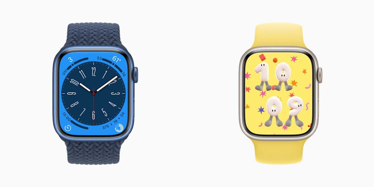 ▲워치OS 9에서 제공되는 ‘메트로폴리탄 페이스’(왼쪽)과 아티스트 조이 풀턴과 콜라보한 ‘플레이타임’(오른쪽).  (사진제공=애플)