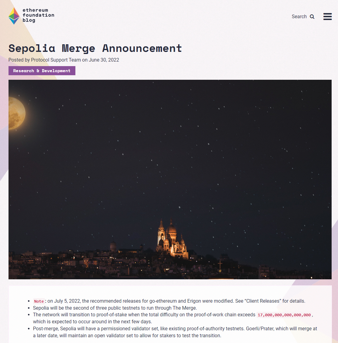 ▲이더리움 재단은 블로그를 통해 총 세 번으로 예정된 테스트넷 업데이트 중 두 번째 업데이트를 마쳤다고 공지했다. 마지막 남은 테스트넷이 성공적으로 전환한 후 메인넷의 전환이 이뤄진다.(이더리움 재단 블로그)