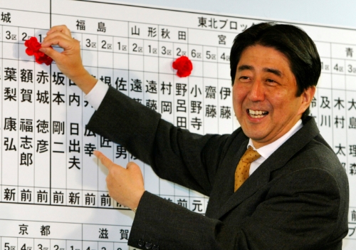 ▲아베 신조 전 일본 총리가 2003년 11월 9일 자유민주당(LDP) 당사에서 선거에 당선된 후보들의 이름 옆에 꽃을 꽂고 있다. 도쿄/로이터연합뉴스

