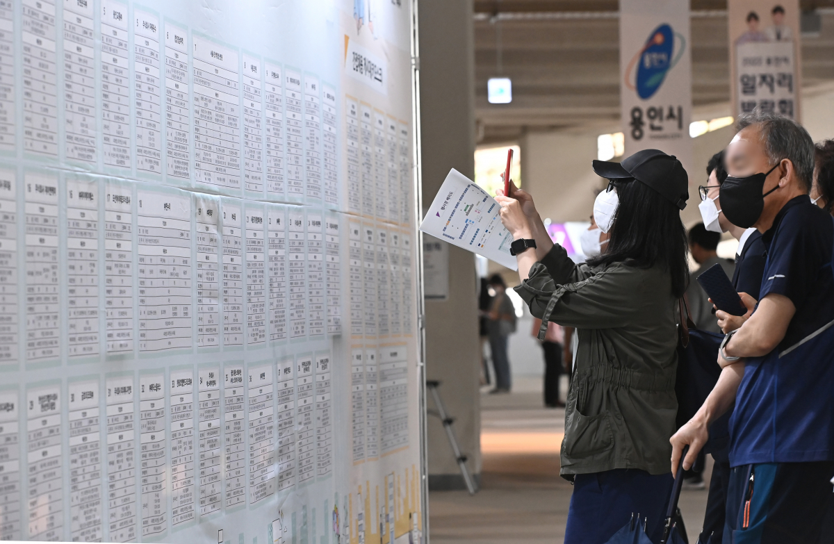 ▲6월 15일 오후 경기도 용인시 처인구 용인미르스타디움에서 열린 '2022 용인시 일자리박람회'를 찾은 구직자들이 취업정보 게시판을 살펴보고 있다. (뉴시스)