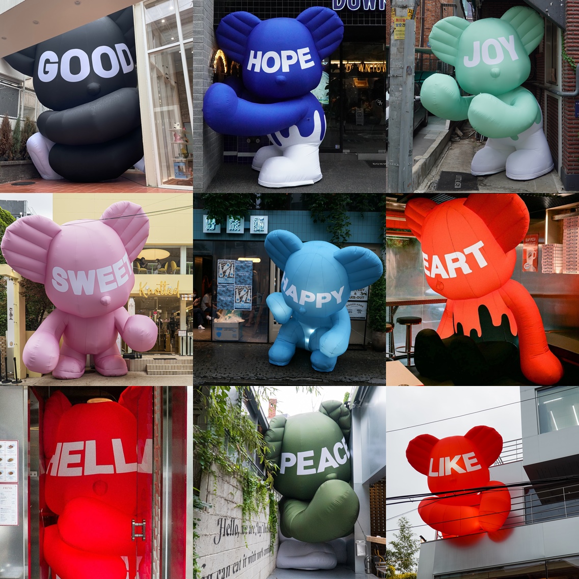 ▲GFFG가 9월12일까지 서울 압구정에 위치한 GFFG 본사와 노티드, 다운타우너 등 인근 매장 9개점에 임지빈 작가와 협업한 베어벌룬 9개 조형물을 전시하는 에브리웨어 프로젝트를 진행한다.(사진제공=GFFG)