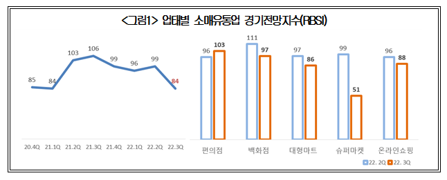 ▲업태별 소매유통업 경기전망지수. (츨처=대한상공회의소 ‘2022년 3분기 소매유통업 경기전망지수’)