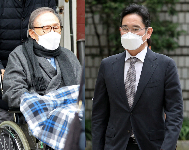 ▲이명박 전 대통령(왼쪽)과 이재용 삼성전자 부회장. (뉴시스)
