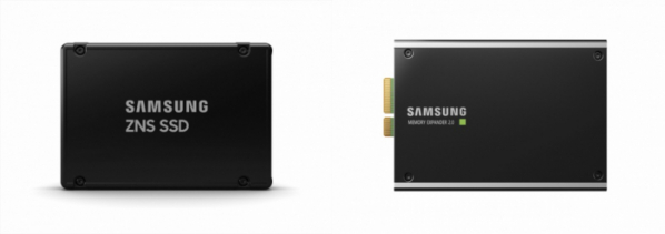 ▲존 스토리지 기술을 적용한 삼성전자 ZNS SSD(왼쪽), 고용량 512GB CXL D램 (사진제공=삼성전자)