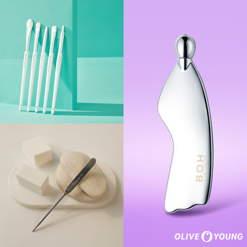 ▲올리브영에서 판매 중인 주요 미용 소품인 ‘필리밀리 아이 브러시 프로 컬렉션’(왼쪽 위부터 시계방향), ‘바이오힐보 프로바이오덤 리프팅 마사저’, ‘피카소 메이크업 스파츌라’ (CJ올리브영)