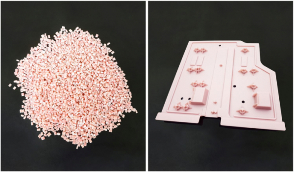 ▲금호석유화학의 PCR PS 소재(좌)와 PCR PS로 제작된 냉장고용 홀더브라켓 부품(우) (사진제공=금호석유화학)