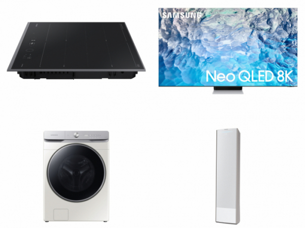 ▲사진 윗줄 왼쪽부터 시계 방향으로 '비스포크 인덕션 인피니트 라인', 'Neo QLED 8K TV', '비스포크 무풍에어컨 갤러리', '비스포크 그랑데 AI 세탁기' (제공=삼성전자)