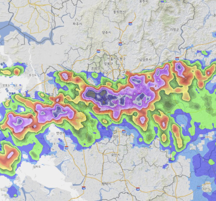 ▲8일 오후 9시 기준 기상레이더 영상.  (출처=기상청 기상레이더센터)
