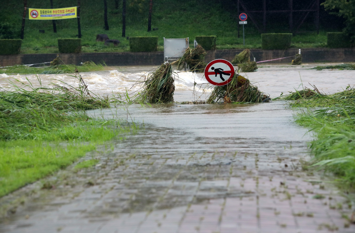 ▲폭우가 쏟아진 11일 충북 청주시 무심천 하상도로 표지판이 쓰러져 있다. (연합뉴스)
