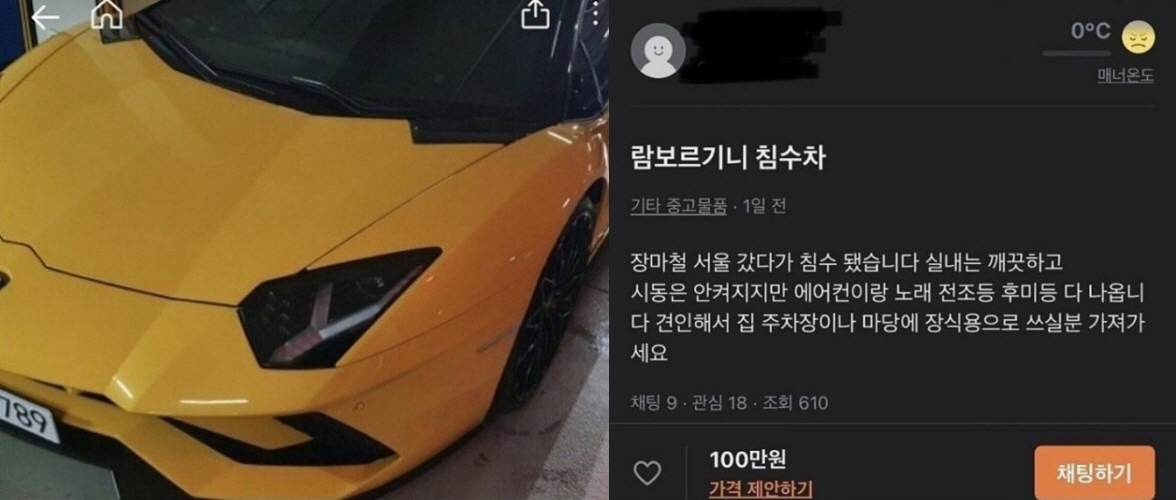 ▲중고거래 플랫폼 ‘당근마켓’에 침수된 람보르기니가 매물로 올라왔다. (출처=온라인 커뮤니티 캡처)