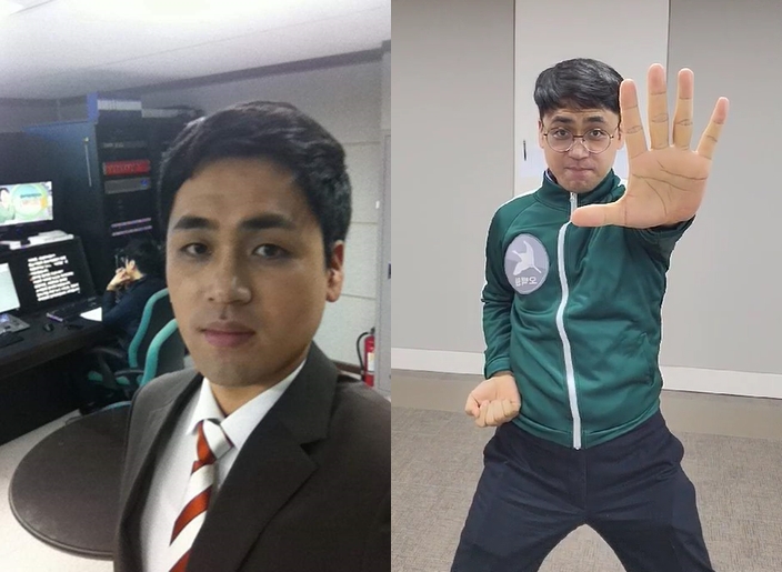 ▲다드림 뉴스 사내 아나운서 시절(왼쪽), '정책머니' 영상 촬영 이미지. (사진제공=유인석 중기부 사무관)