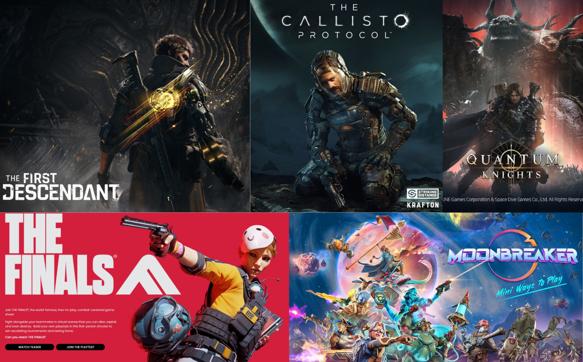▲2022 게임스컴에 참여한 국내 게임사들의 신작. (왼쪽 위부터 시계방향으로) '퍼스트 디센던트(넥슨)', '칼리스토 프로토콜(크래프톤)', '퀀텀 나이츠(라인게임즈)', '문브레이커(크래프톤)', '더파이널즈(넥슨)' (사진제공=각사)