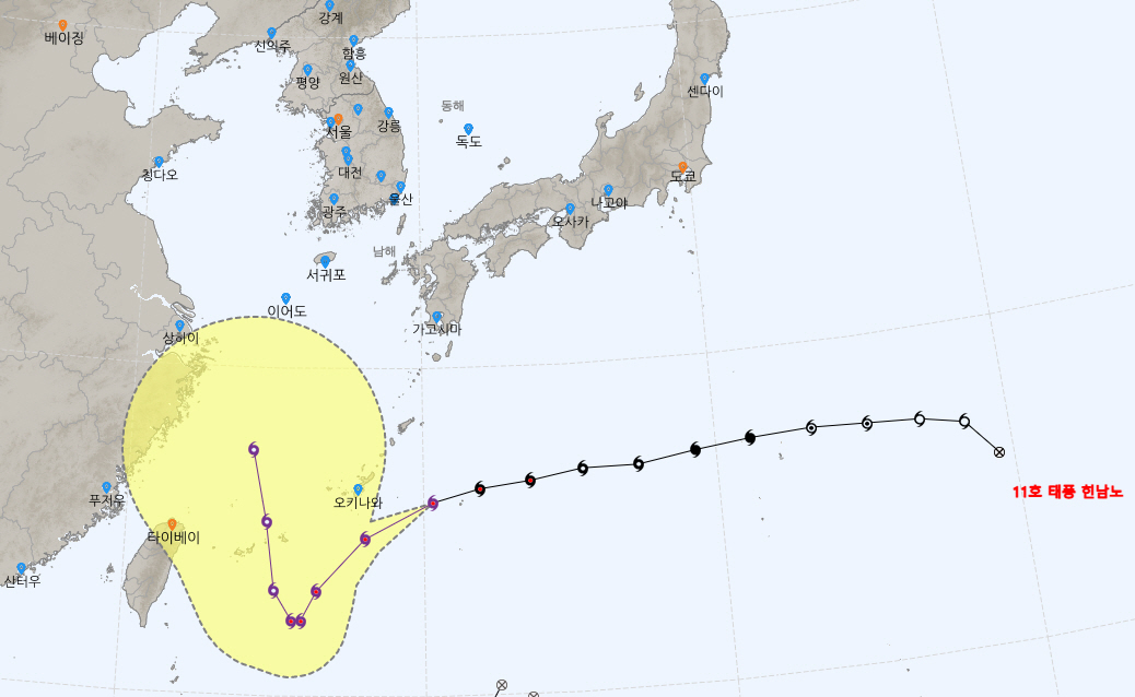 ▲(사진제공 = 기상청) 제11호 태풍 힌남노의 예상 이동 경로
