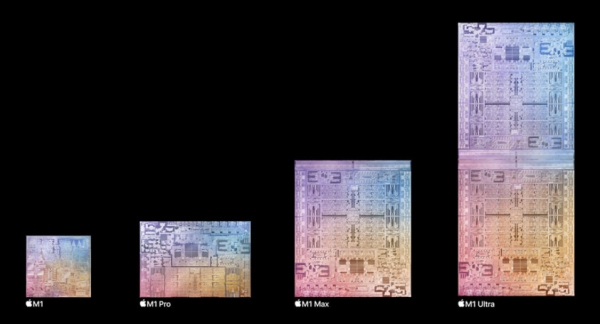 ▲애플이 개발한 M1칩. 맨 오른쪽이 M1울트라. 출처 애플
