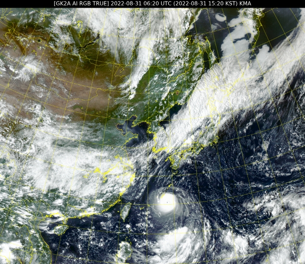 ▲(사진제공=국가기상위성센터) 31일 오후 3시 20분께 천리안위성 2A호에서 촬영된 제11호 태풍 힌남노
