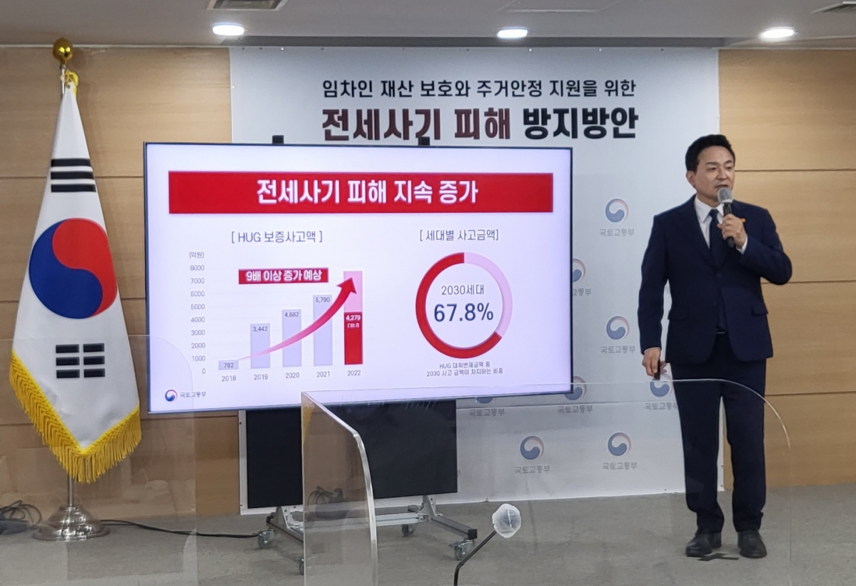 ▲원희룡 국토교통부 장관이 1일 서울정부청사에서 ‘전세사기 피해 방지방안’을 발표하고 있다. (이동욱 기자 toto@)