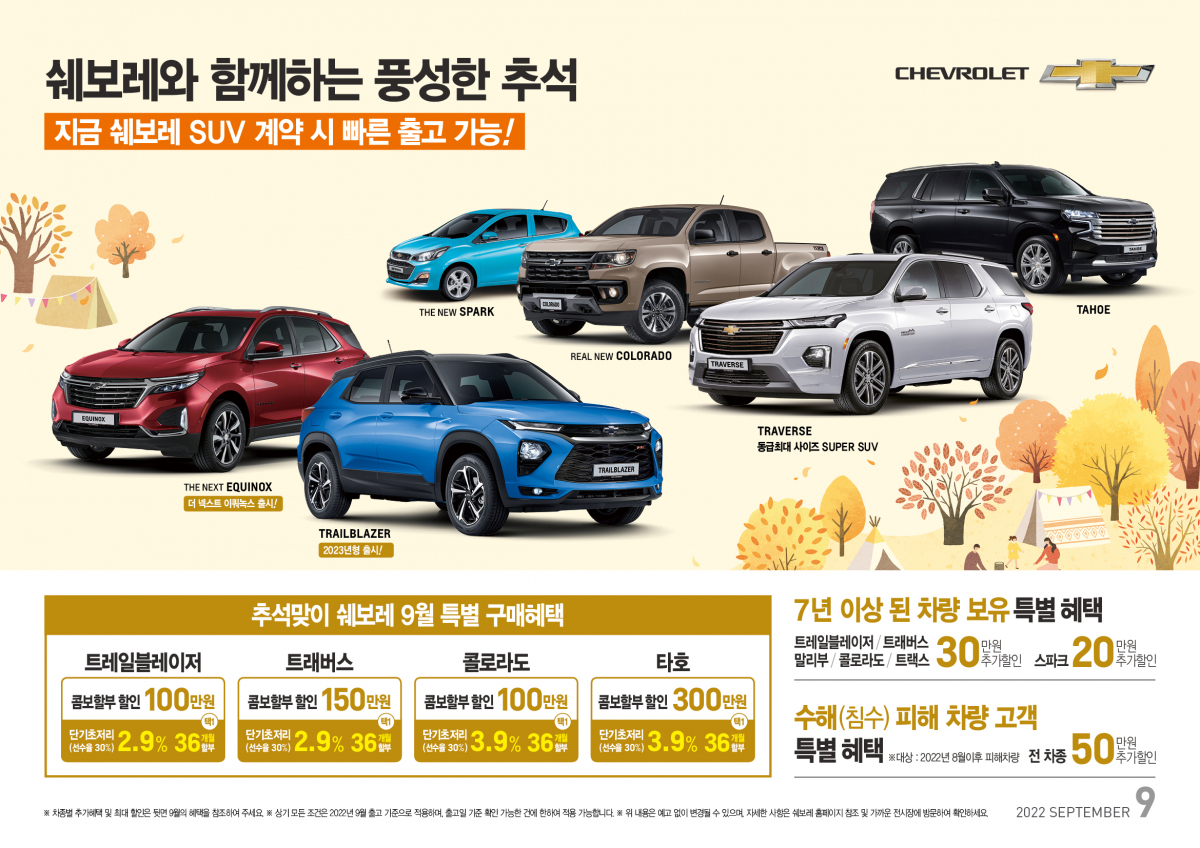 ▲글로벌 브랜드 쉐보레가 9월 ‘쉐보레와 함께하는 풍성한 추석’ 프로모션을 통해 추석맞이 풍성한 혜택을 제공한다.  (사진제공=한국지엠)