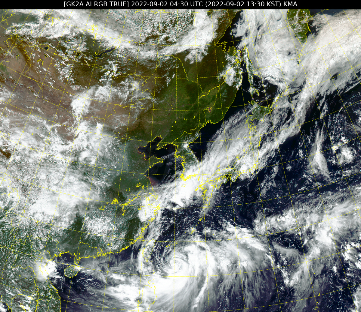 ▲(사진제공=국가기상위성센터) 2일 오후 1시30분 천리안위성 2A호에에서 촬영된 제11호 태풍 힌남노