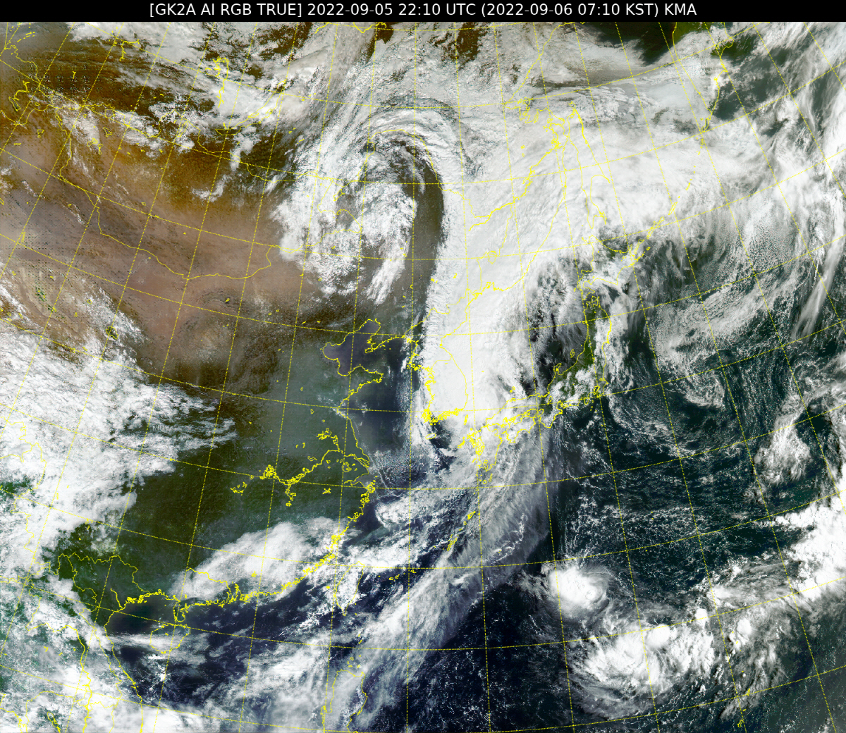 ▲(사진제공=국가기상위성센터) 7시 10분 천리안위성 2A호에서 촬영한 제11호 태풍 힌남노
 (출처=국가기상위성센터)