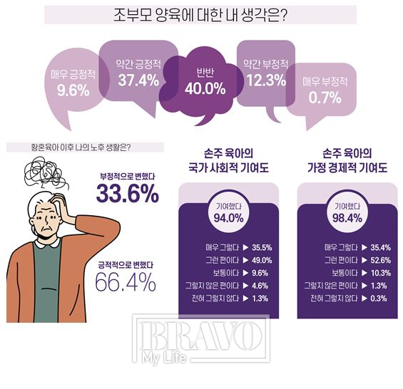 ▲‘2022 브라보 마이 라이프 황혼육아 실태 조사’ 결과(그래픽=유영현, 일러스트=윤민철)