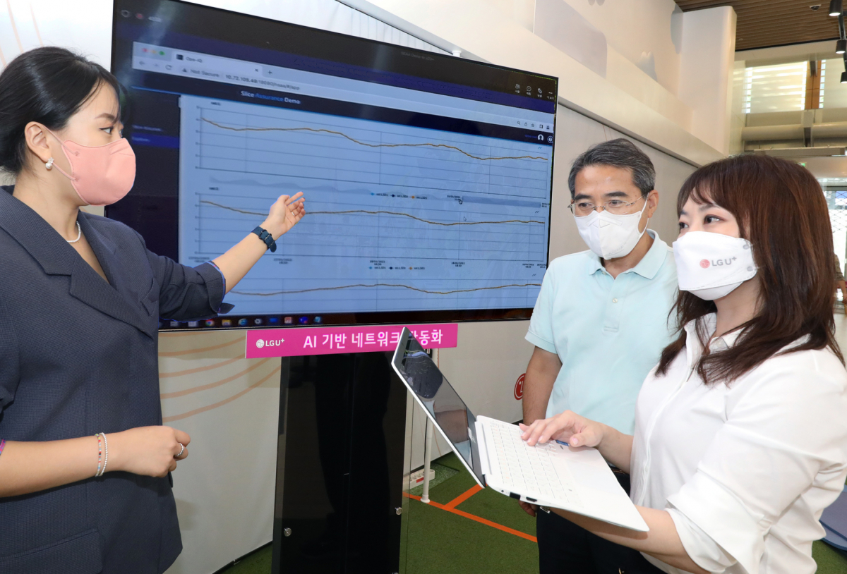 ▲ LG유플러스 직원들이 NWDAF를 활용한 네트워크 슬라이스 품질 보장기능을 검증한 결과를 확인하고 있다. (사진제공=LG유플러스)