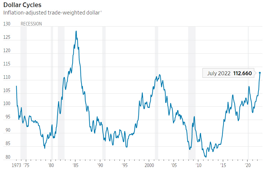 ▲물가·교역 환경 반영한 달러인덱스 추이. 7월 112.66. 출처 월스트리트저널(WSJ)