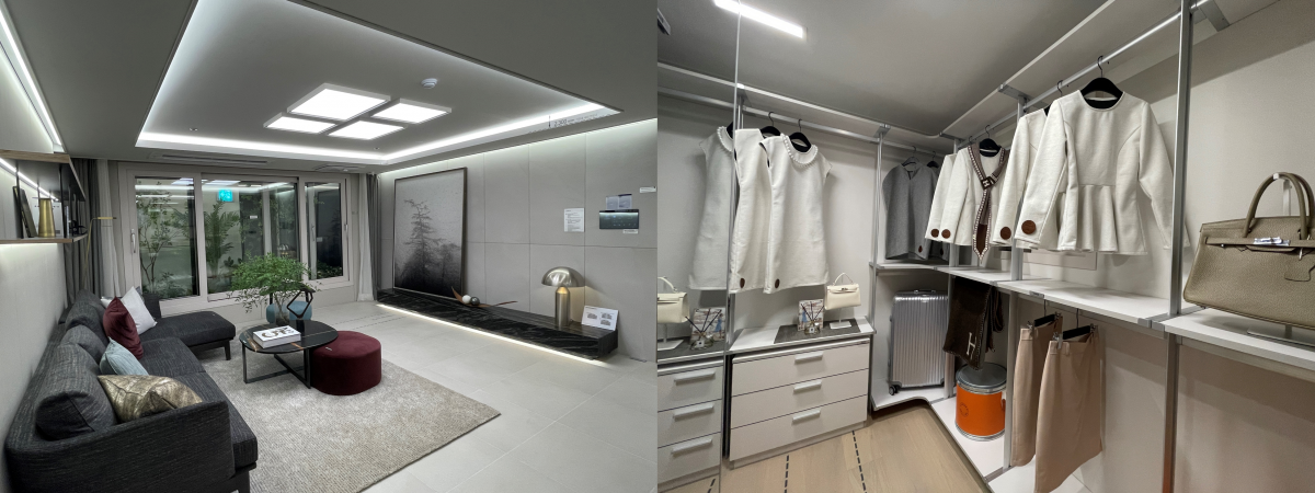 ▲전용면적 99㎡형 유닛에 마련된 거실(왼쪽)과 안방 드레스룸(오른쪽). (이동욱 기자 toto@)