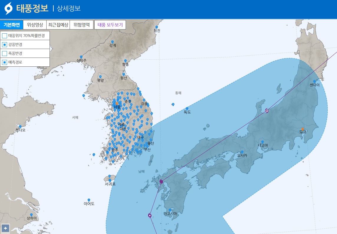 ▲기상청에서 예측하는 제14호 태풍 '난마돌'의 강풍반경과 예측경로. (기상청)