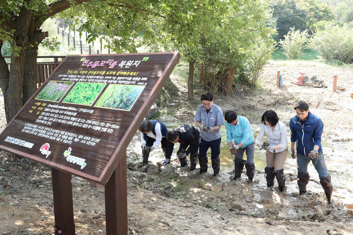 ▲효성첨단소재와 전주시, 국립생태원 직원들이 29일 전북 전주시 기린공원에서 전주물꼬리풀 식재 작업을 하고 있다. (사진제공=효성첨단소재)