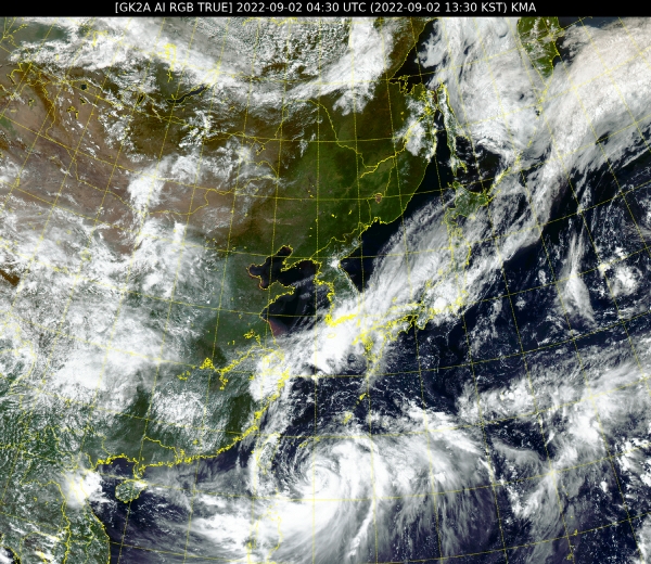 ▲(사진제공=국가기상위성센터) 2일 오후 1시30분 천리안위성 2A호에에서 촬영된 제11호 태풍 힌남노
