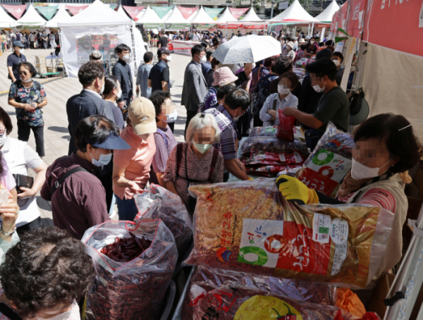 ▲28일 오후 서울광장에서 열린 '영양고추 HOT페스티벌'에서 시민들이 고추를 구입하고 있다.  (연합뉴스)
