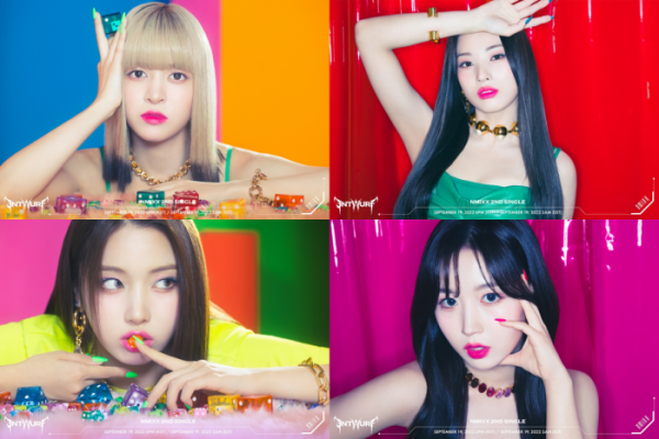 ▲NMIXX(엔믹스) 해원, 릴리, 지니, 지우(사진제공=JYP엔터테인먼트)